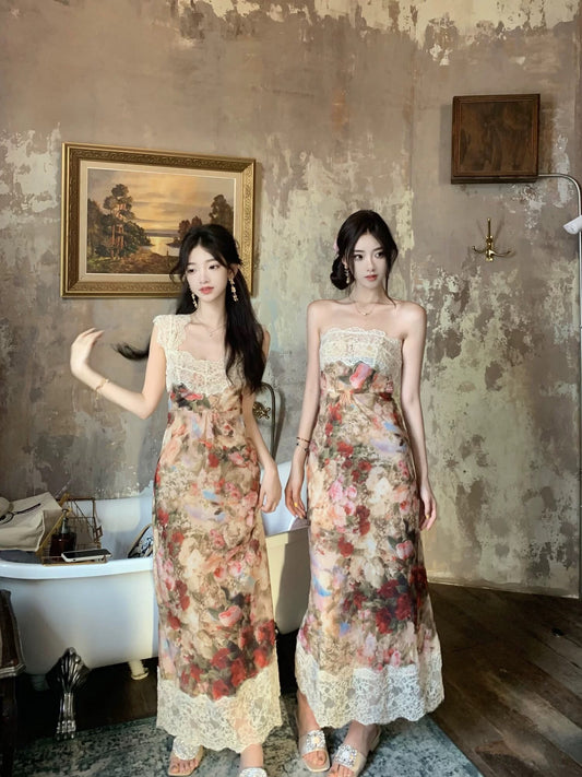 J11 Studio/Fanhua niche A-line waist slimming long lace printed suspender tube top dress for women