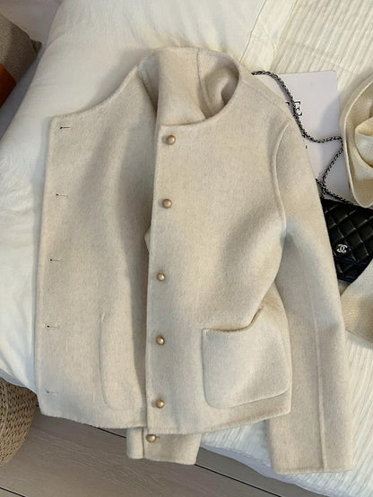 2025 Autumn/Winter New Off-White Lazy Gentle 70% Wool Double-Faced Short Coat for Petite Women