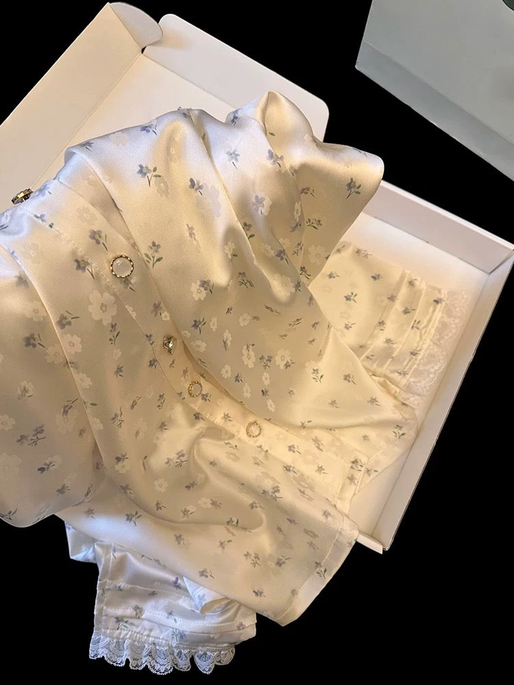 New spring and summer pastoral style long-sleeved thin ice silk pajamas for women with sweet small floral lace home clothes suit