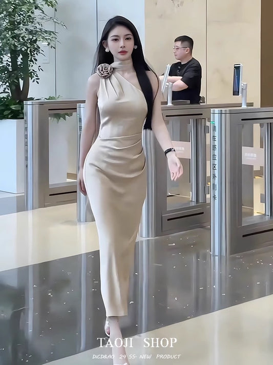 French satin ribbon slanted shoulder halterneck dress for women in summer, light and luxurious temperament, waist slimming, hip-hugging fishtail long dress