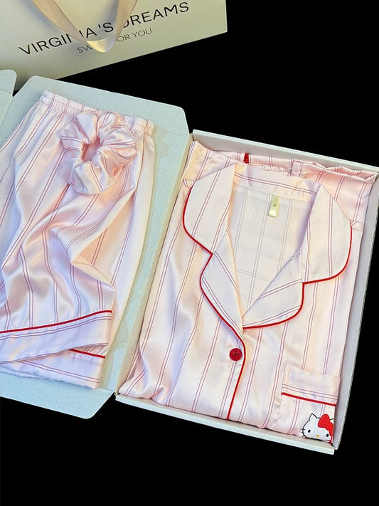 Sweet kitty striped print spring and summer ice silk pajamas for women thin style can be worn outside high-end home clothes suit