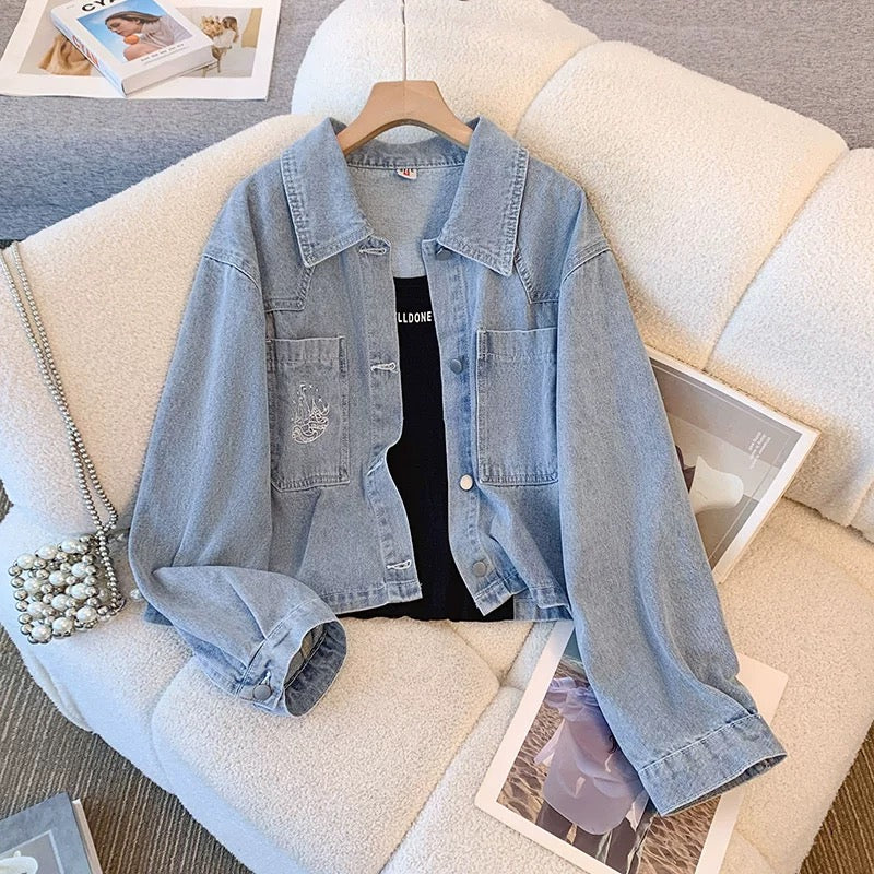 2025 new retro embroidery short denim jacket women's spring and autumn design niche student casual jacket tops