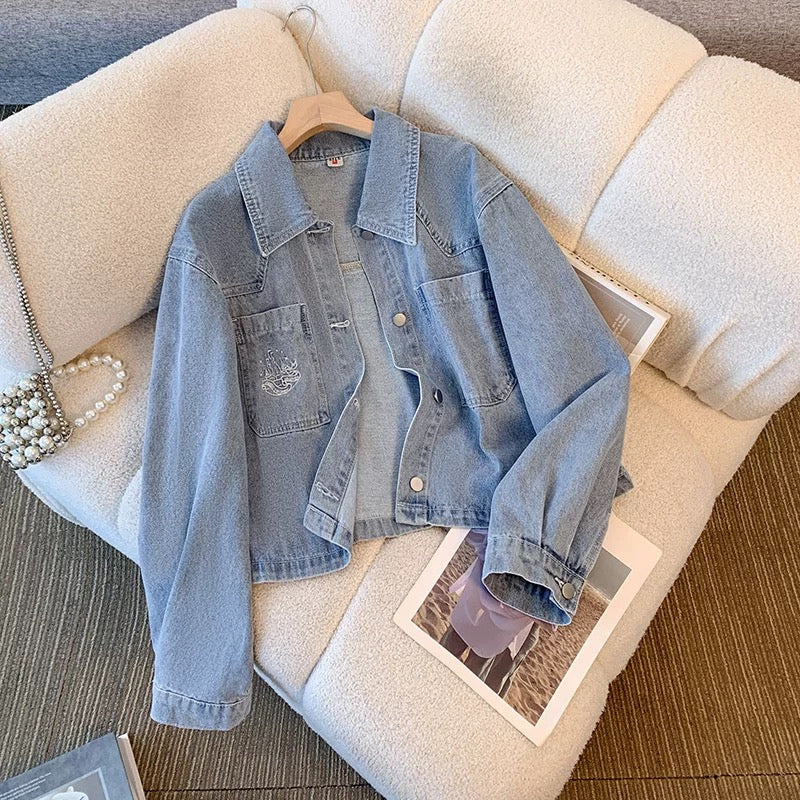 2025 new retro embroidery short denim jacket women's spring and autumn design niche student casual jacket tops