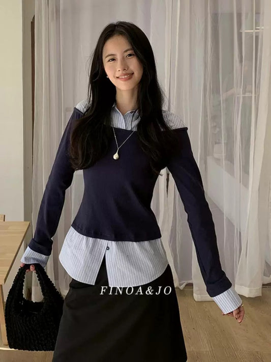 Feinuo OLIVE Thirteen Lines 2025 Spring Korean-style niche patchwork design striped lapel top 2467