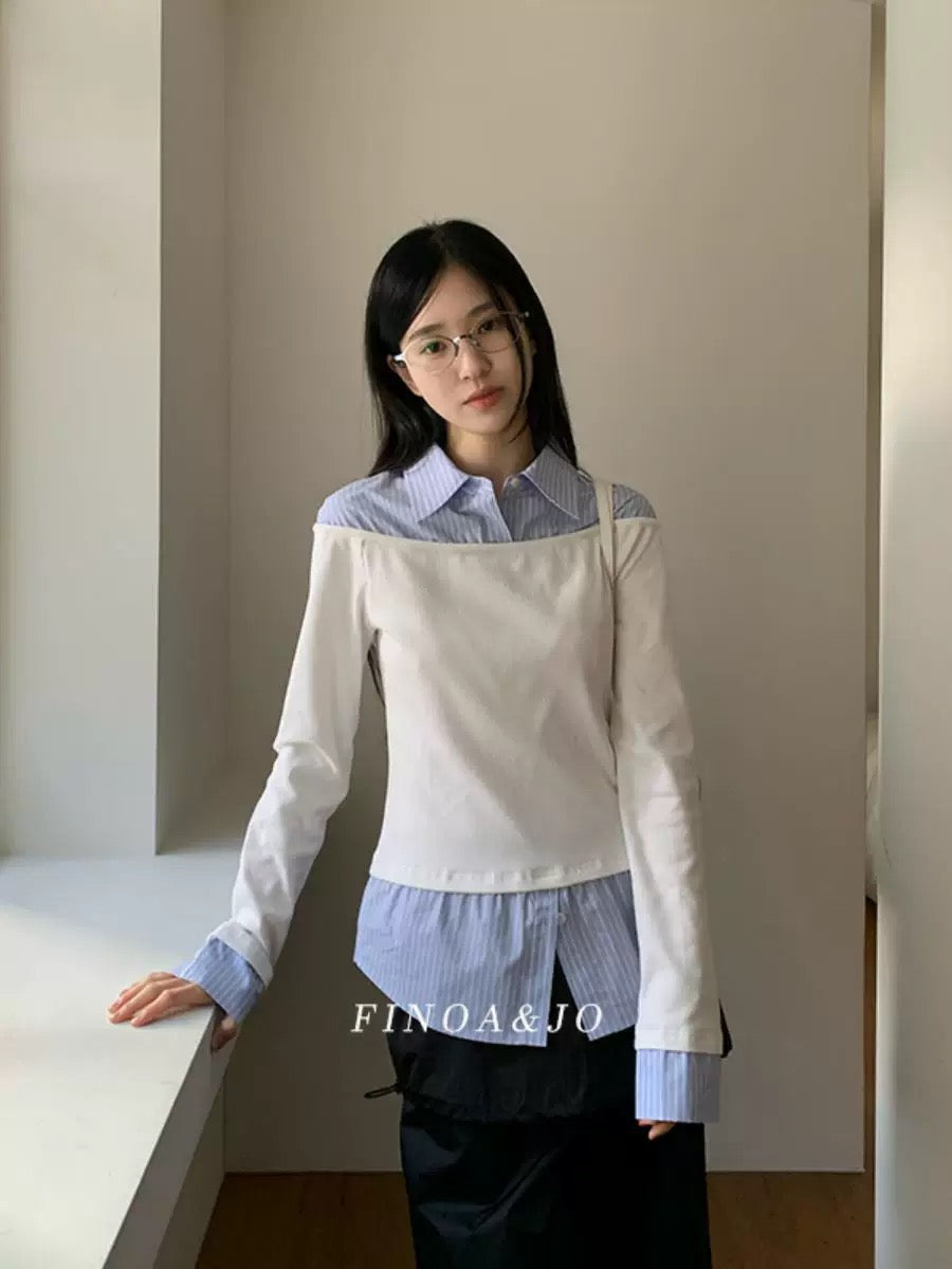 Feinuo OLIVE Thirteen Lines 2025 Spring Korean-style niche patchwork design striped lapel top 2467