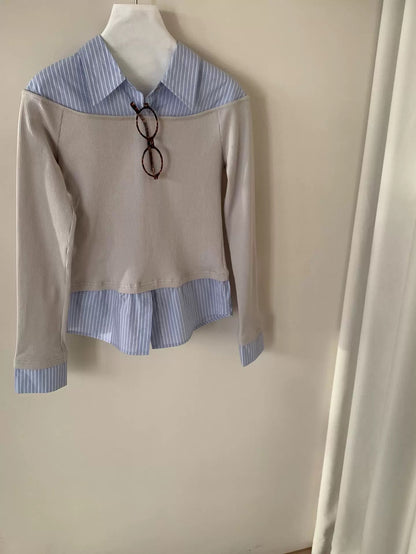 Feinuo OLIVE Thirteen Lines 2025 Spring Korean-style niche patchwork design striped lapel top 2467