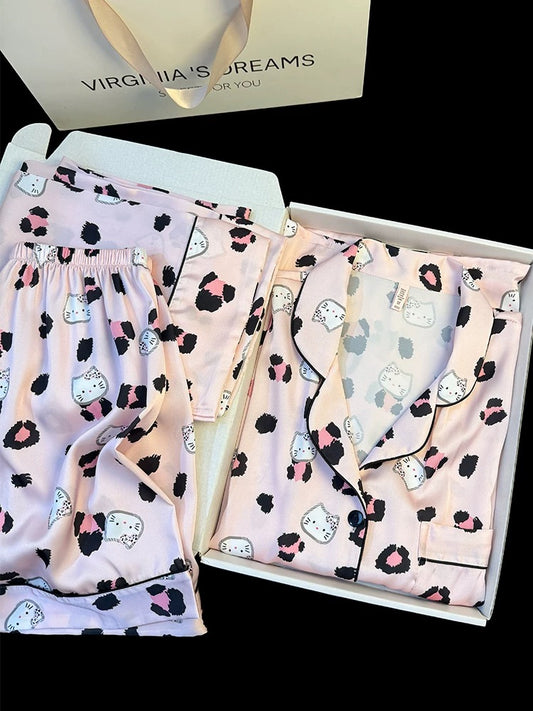 Pink sweet and cute Kitty print ice silk pajamas women summer short-sleeved shorts and long pants home clothes three-piece set