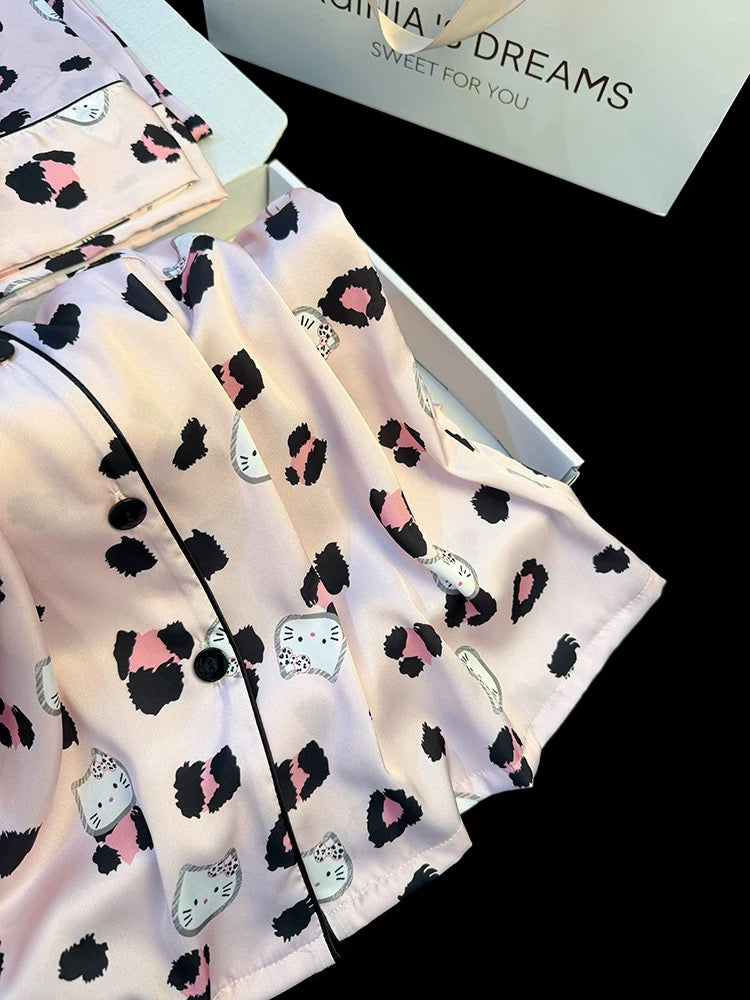 Pink sweet and cute Kitty print ice silk pajamas women summer short-sleeved shorts and long pants home clothes three-piece set
