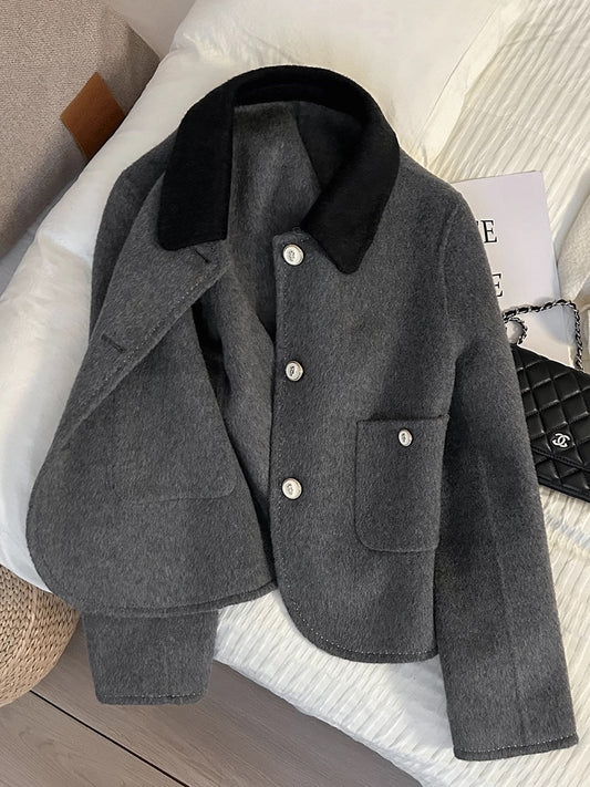80% Double-faced Wool Short Jacket for Women, Chanel Style, Autumn/Winter 2025, High-End Dark Gray, Skin-Friendly Soft Cashmere
