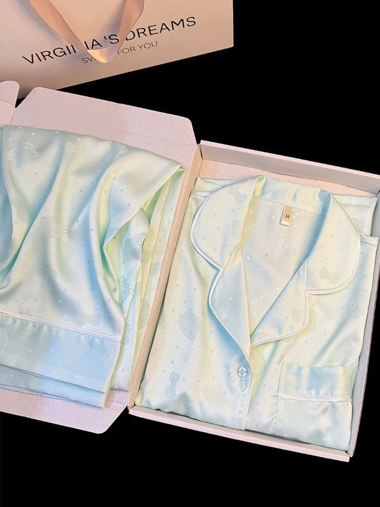 Ice silk pajamas for women sweet and cute Kitty polka dot bowknot summer short-sleeved trousers jacquard home clothes suit