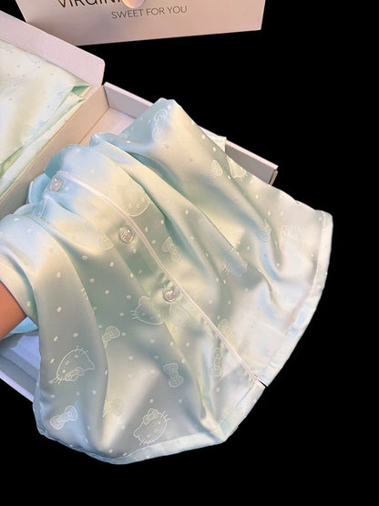 Ice silk pajamas for women sweet and cute Kitty polka dot bowknot summer short-sleeved trousers jacquard home clothes suit