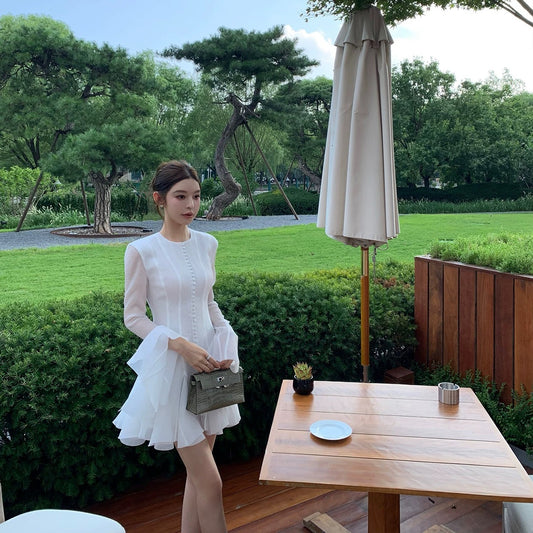Good Morning Fanfan Heavy Industry Multi-piece Spliced Hem Round Neck Short Dress Women's Early Autumn Temperament Long Sleeve Skirt