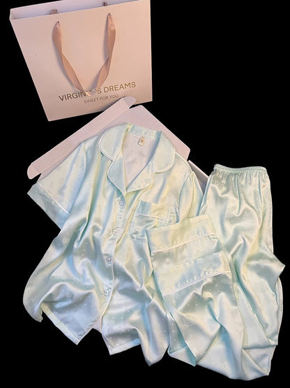 Ice silk pajamas for women sweet and cute Kitty polka dot bowknot summer short-sleeved trousers jacquard home clothes suit