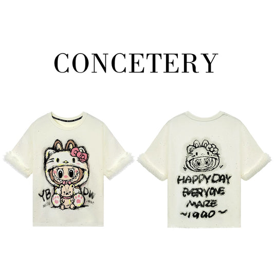 2025 Summer New Heavy Industrial Design Cartoon Labu Printed Fashion Short Sleeve T-shirt Dress Women's Casual Tops