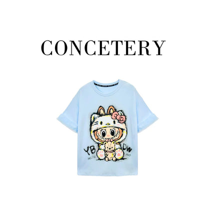 2025 Summer New Heavy Industrial Design Cartoon Labu Printed Fashion Short Sleeve T-shirt Dress Women's Casual Tops