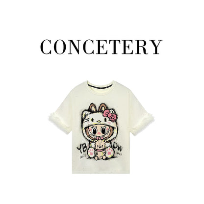 2025 Summer New Heavy Industrial Design Cartoon Labu Printed Fashion Short Sleeve T-shirt Dress Women's Casual Tops