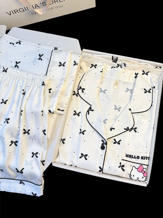 Summer ice silk three-piece pajamas for women with short sleeves and short pants, new style sweet bow KT printing thin home clothes