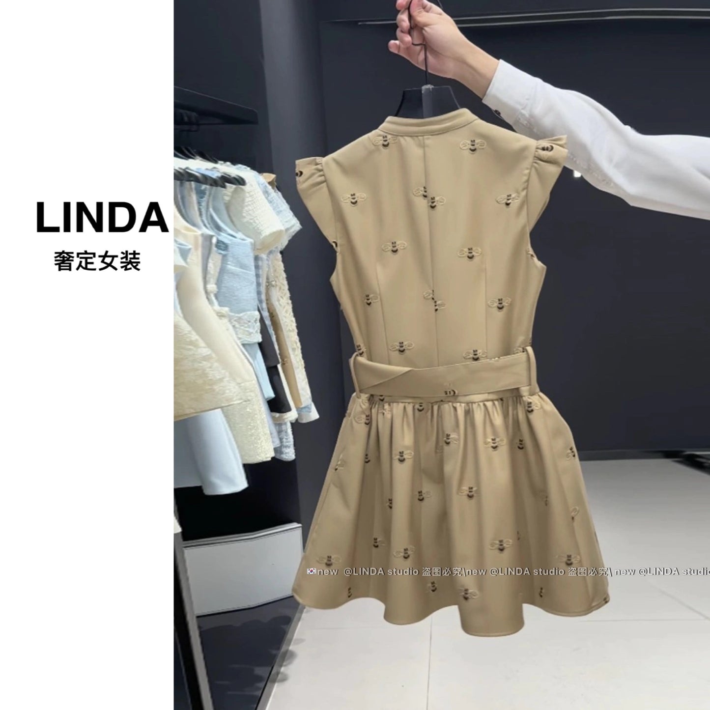[Original Little Bee] New Summer Style Heavy Embroidery Belt Short Skirt Women's Stand-up Collar Flying Sleeves Slimming Dress