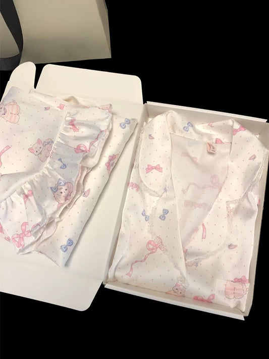 New style cartoon cute dog print ice silk pajamas for women sweet and cute style spring and autumn thin long-sleeved home clothes two-piece set