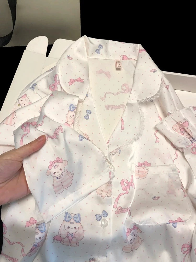 New style cartoon cute dog print ice silk pajamas for women sweet and cute style spring and autumn thin long-sleeved home clothes two-piece set