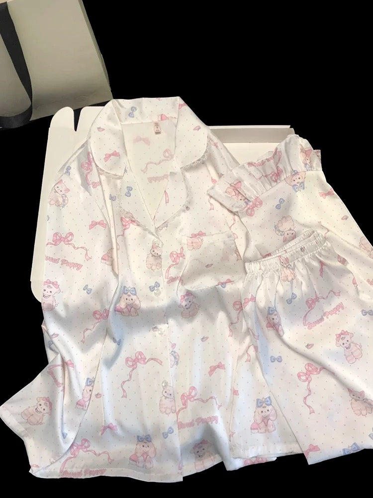 New style cartoon cute dog print ice silk pajamas for women sweet and cute style spring and autumn thin long-sleeved home clothes two-piece set