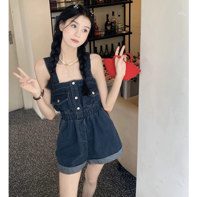 Plus size fat mm high waist retro workwear suspender denim shorts women's summer loose slimming curled straight wide leg pants