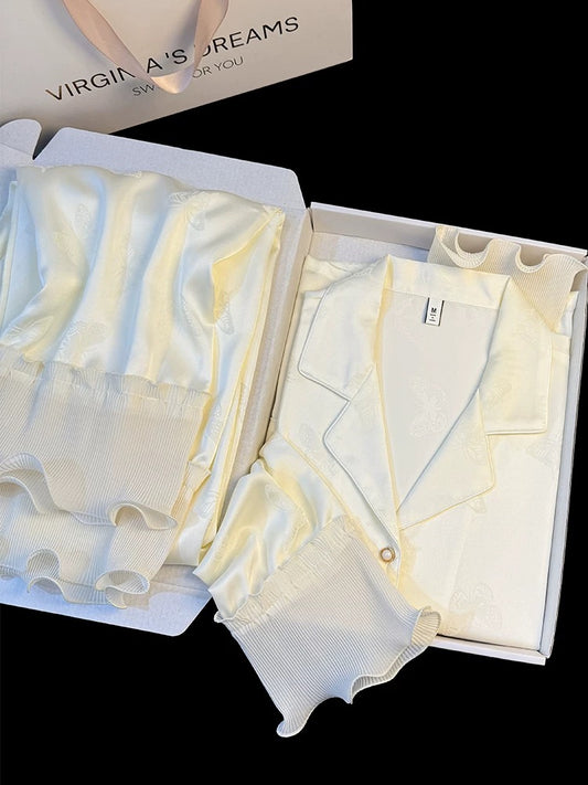 Butterfly jacquard ice silk pajamas for women, new style for spring and autumn, high-end, sweet ruffled long-sleeved home wear suit