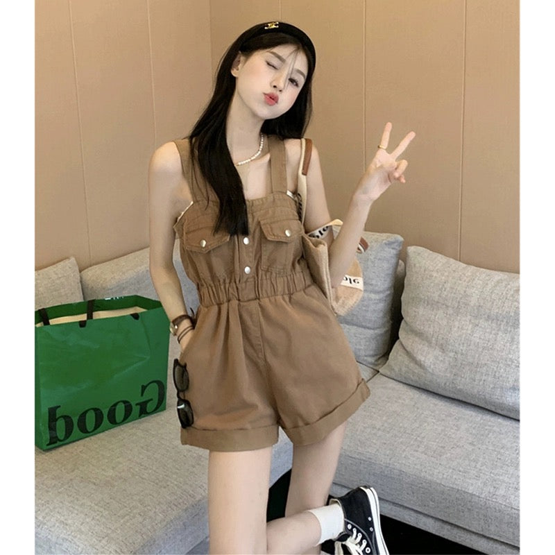 Plus size fat mm high waist retro workwear suspender denim shorts women's summer loose slimming curled straight wide leg pants