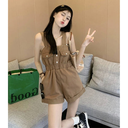 Plus size fat mm high waist retro workwear suspender denim shorts women's summer loose slimming curled straight wide leg pants