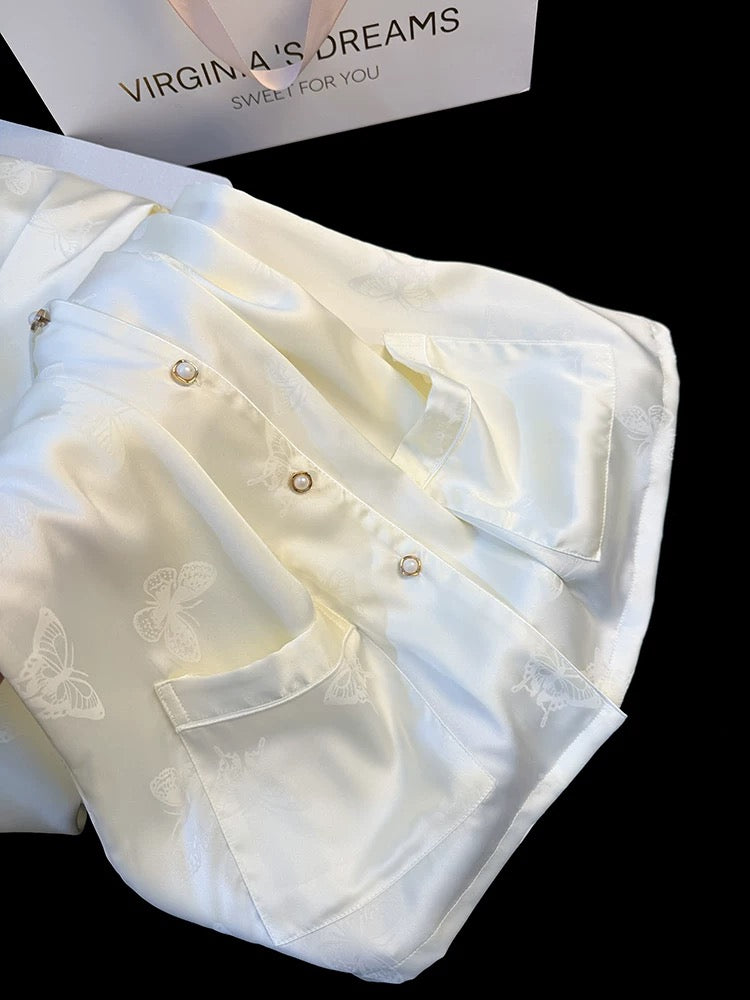 Butterfly jacquard ice silk pajamas for women, new style for spring and autumn, high-end, sweet ruffled long-sleeved home wear suit