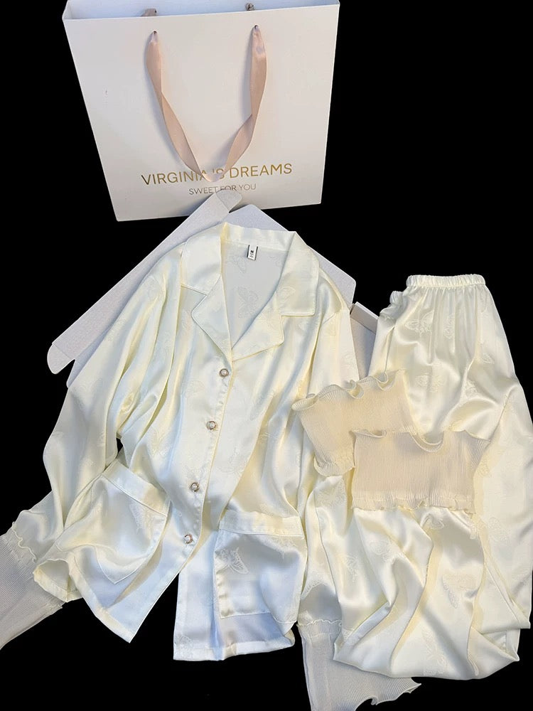 Butterfly jacquard ice silk pajamas for women, new style for spring and autumn, high-end, sweet ruffled long-sleeved home wear suit