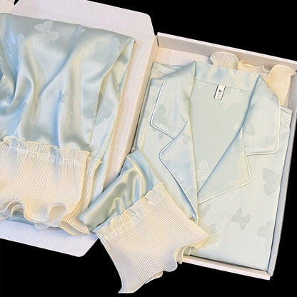 Butterfly jacquard ice silk pajamas for women, new style for spring and autumn, high-end, sweet ruffled long-sleeved home wear suit