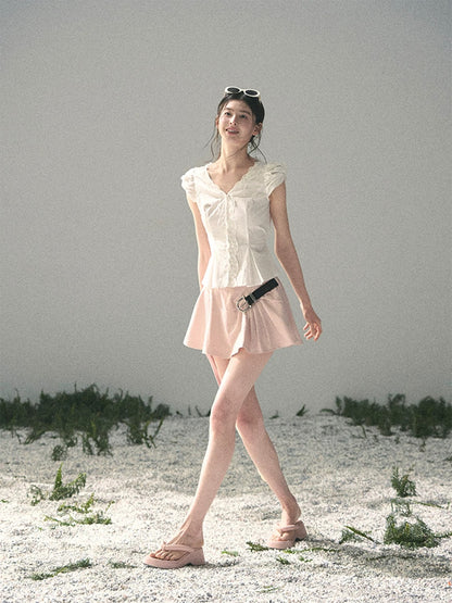 AOMALM's "Untouchable White" French V-neck Lace White Shirt for Women, Summer Puff Sleeve Short Top