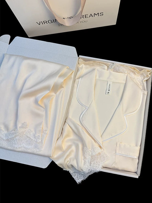 Pure color lace splicing light luxury elegant style ice silk pajamas women's spring and autumn high-end long-sleeved comfortable home clothes suit