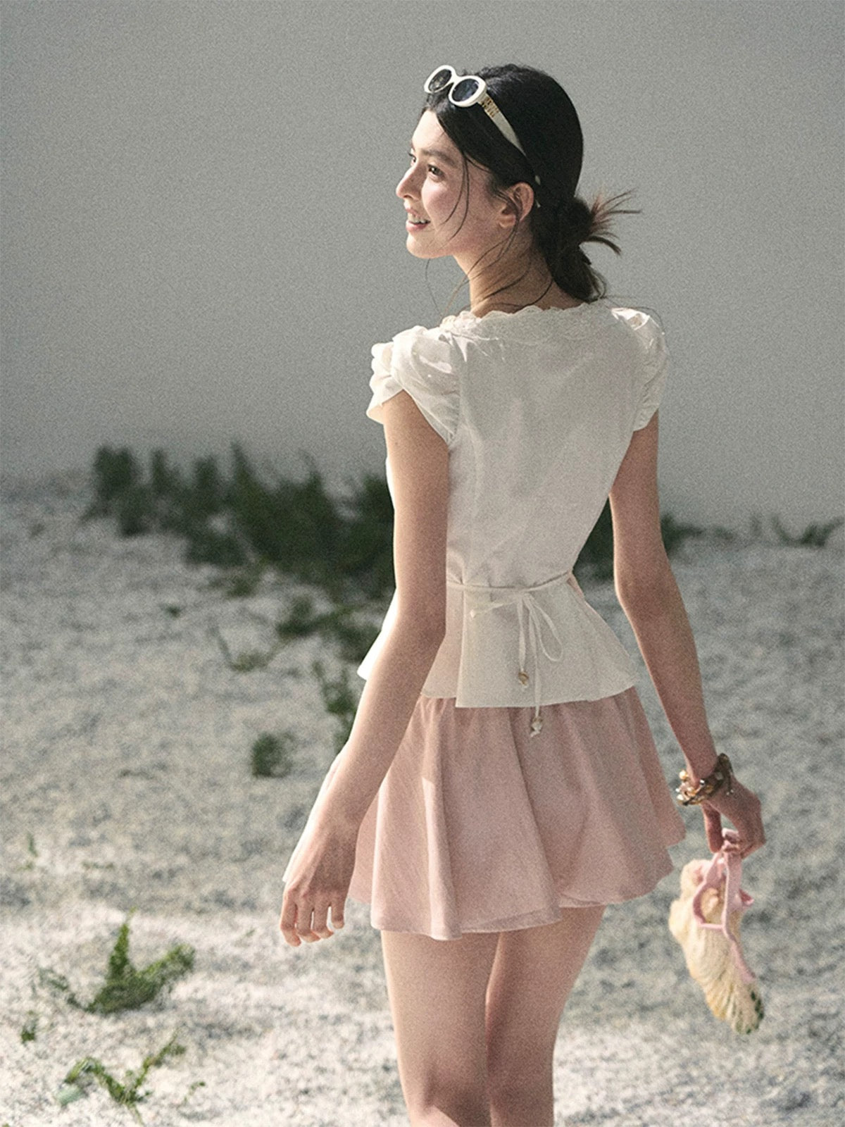 AOMALM's "Untouchable White" French V-neck Lace White Shirt for Women, Summer Puff Sleeve Short Top