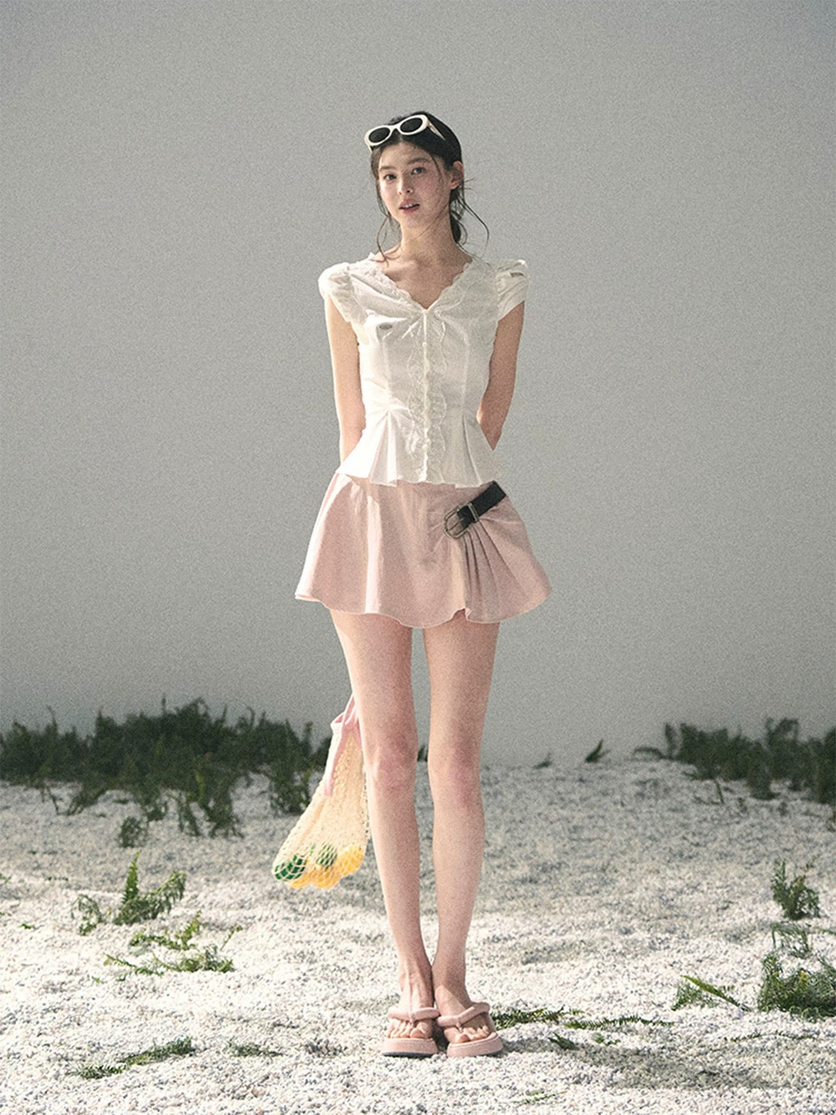 AOMALM's "Untouchable White" French V-neck Lace White Shirt for Women, Summer Puff Sleeve Short Top