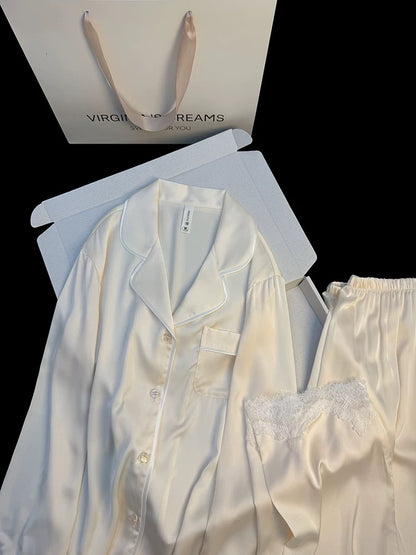 Pure color lace splicing light luxury elegant style ice silk pajamas women's spring and autumn high-end long-sleeved comfortable home clothes suit