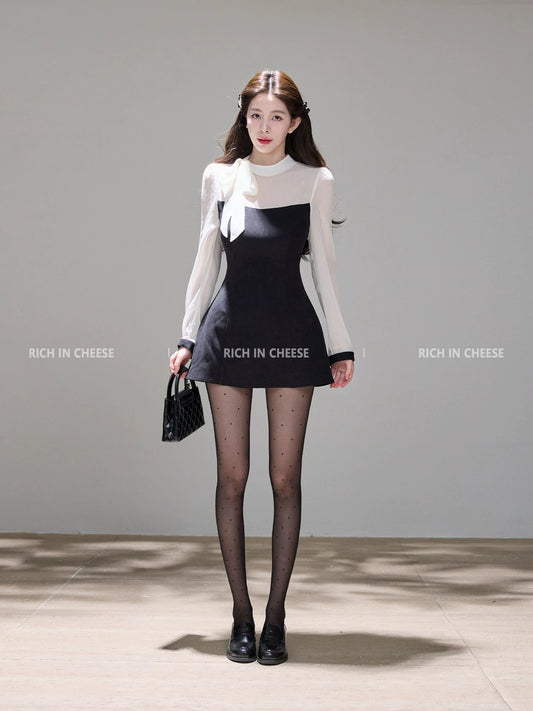 Shu Hulei's Annual Heiress Dress: Korean Style Elegant Heiress-Style Tie-Waist Color-Blocked Faux Two-Piece Dress