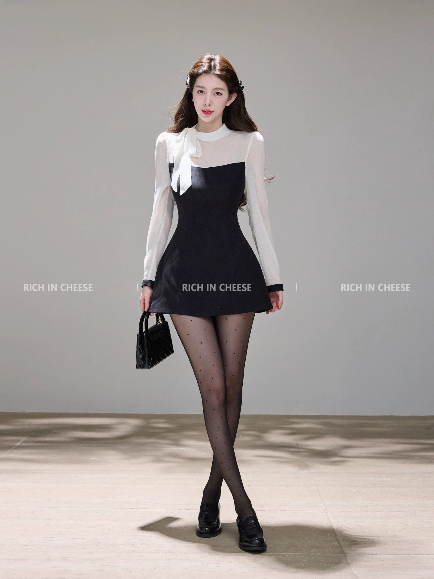 Shu Hulei's Annual Heiress Dress: Korean Style Elegant Heiress-Style Tie-Waist Color-Blocked Faux Two-Piece Dress