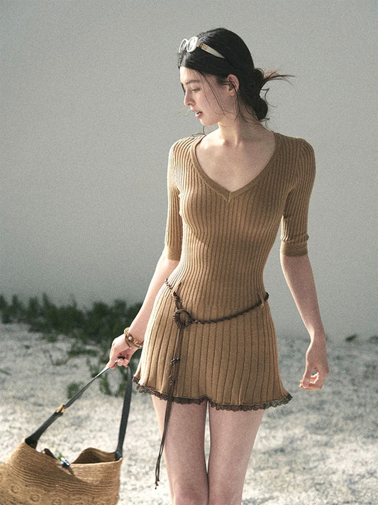 AOMALM's "Amber of Memories" - A stunningly beautiful knitted short-sleeved dress for mature women, perfect for spring.