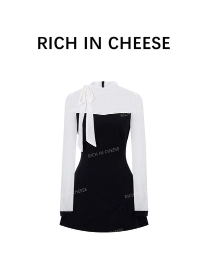 Shu Hulei's Annual Heiress Dress: Korean Style Elegant Heiress-Style Tie-Waist Color-Blocked Faux Two-Piece Dress
