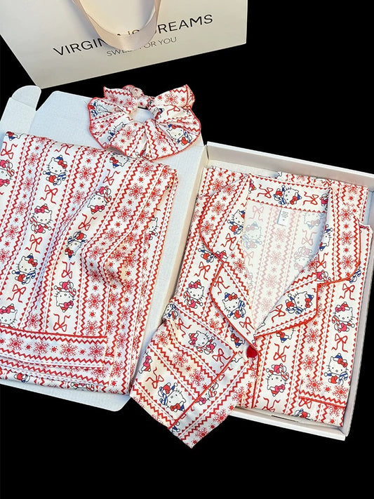 Kitty striped print ice silk pajamas women 2025 early spring new high-end long-sleeved cute home clothes suit