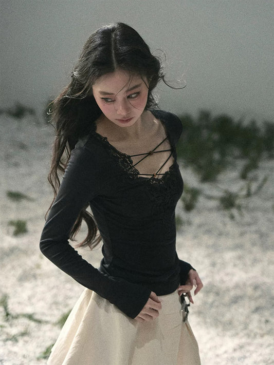AOMALM's "Lace Summer" % Straight Shoulder Long Sleeve V-Neck Lace T-Shirt Women's Early Spring Slim Waist Short Top
