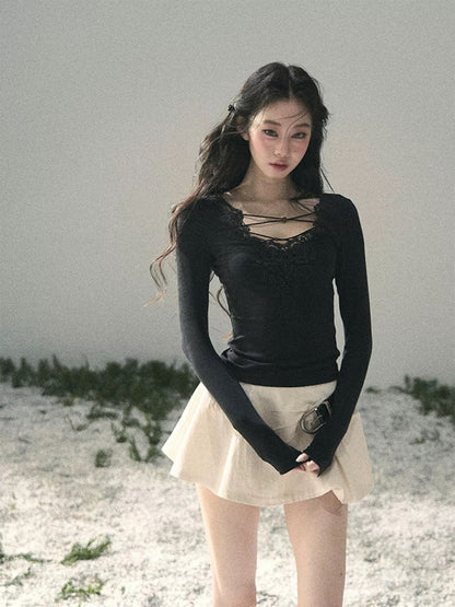 AOMALM's "Lace Summer" % Straight Shoulder Long Sleeve V-Neck Lace T-Shirt Women's Early Spring Slim Waist Short Top