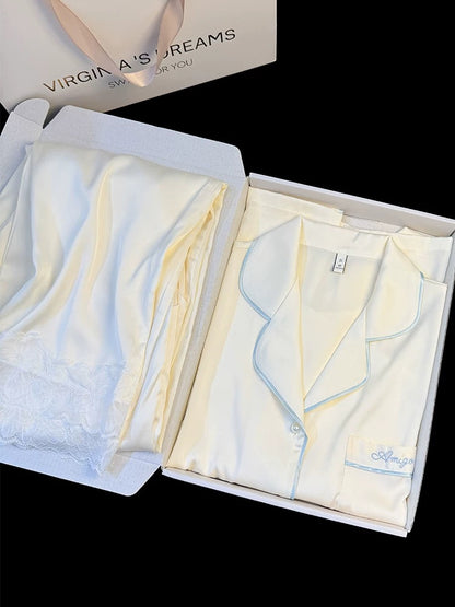 Ice silk pajamas women summer short-sleeved trousers high-grade pure color lace moonlight satin casual home clothes suit