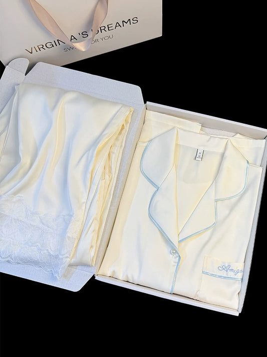 Ice silk pajamas women summer short-sleeved trousers high-grade pure color lace moonlight satin casual home clothes suit