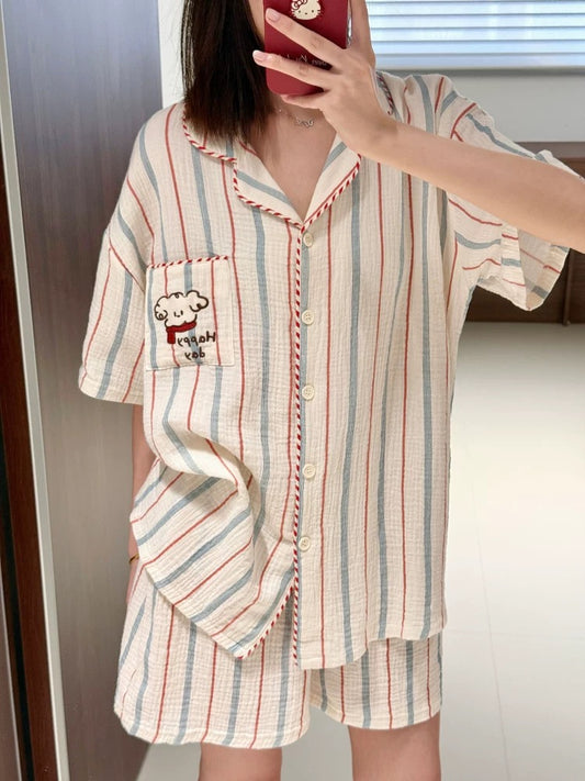 Spring and summer double-layer yarn short-sleeved pajamas women's loose simple Japanese striped curly puppy print home clothes suit