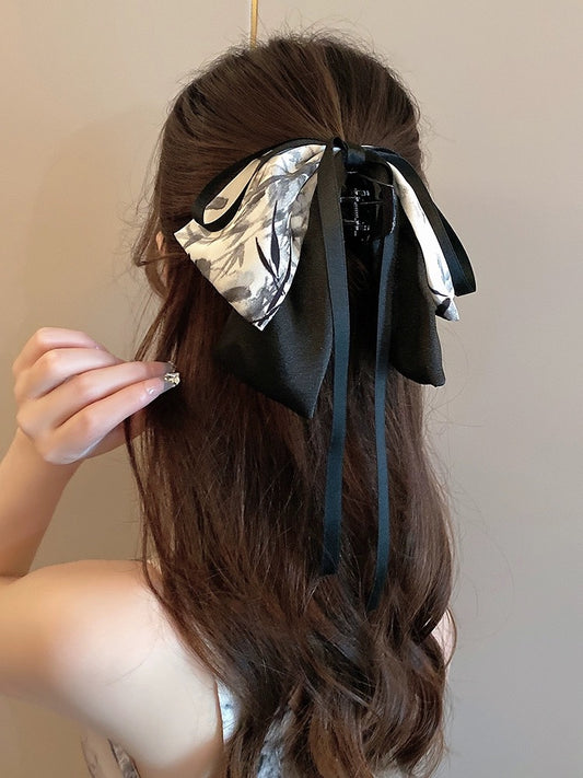 New Chinese style hair accessories ink painting bow ribbon hairpin ancient style half-tied hair back of the head ponytail grabber headdress for women