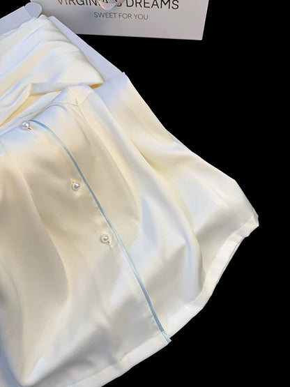 Ice silk pajamas women summer short-sleeved trousers high-grade pure color lace moonlight satin casual home clothes suit