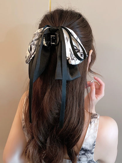 New Chinese style hair accessories ink painting bow ribbon hairpin ancient style half-tied hair back of the head ponytail grabber headdress for women